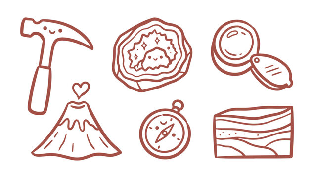 Geology, mining and earth sciences icons set with line art style