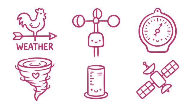 Weather icons set, including rooster, anemometer, clock, tornado, gauge, and satellite