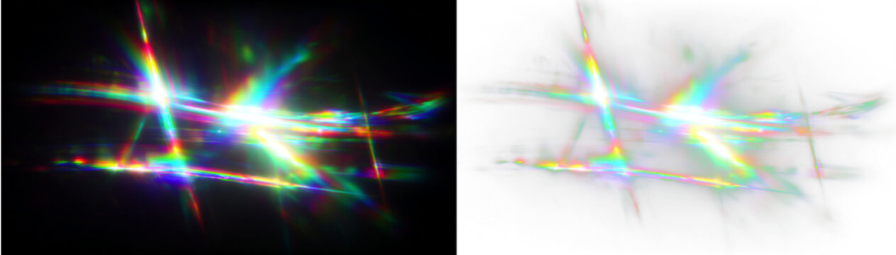Transparent crystal prism png with rainbow spectrum light, glowing refraction effect, iridescent flare overlay and abstract futuristic background illustration.