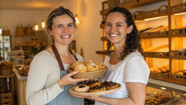 Two women smiling and holding trays of assorted fresh bread inside a bakery with shelves of baked goods in the background.
