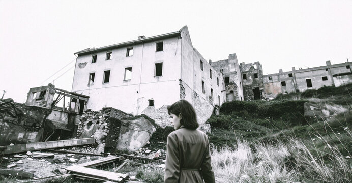 black and white photo of a girl silhouette and the abandoned city