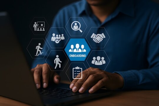 Man in a blue shirt using a laptop for onboarding process with various icons displayed