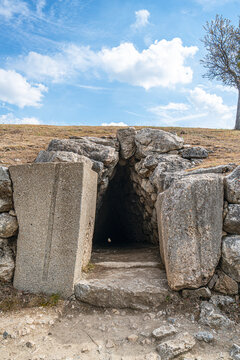 The historic stone postern tunnel beneath the Yerkapi rampart in the upper city of Hattusa. This defensive underground tunnel showcases the advanced military engineering and fortifications built by th