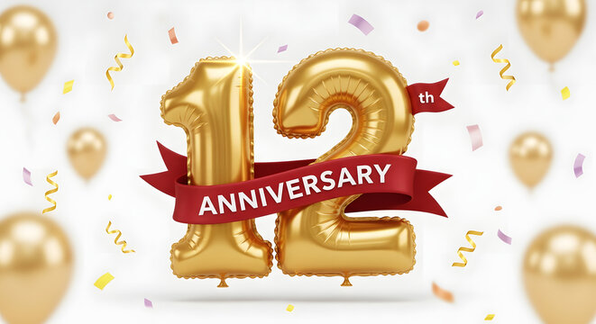 Golden 12th Anniversary Celebration with Balloons and Confetti