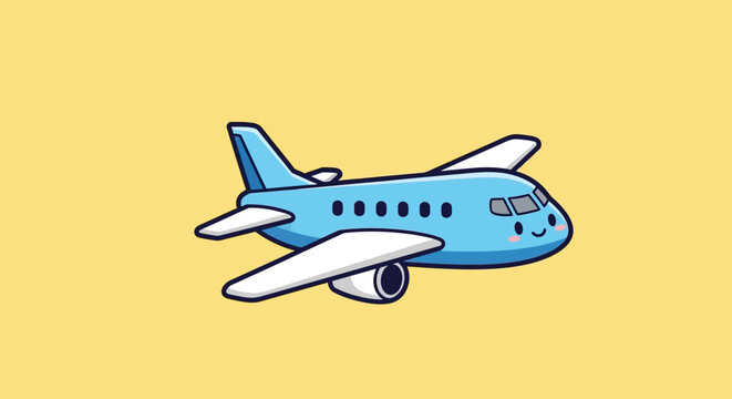 Cute cartoon airplane with smiley face on yellow background