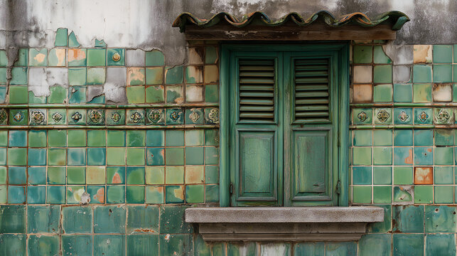 Weathered green ceramic tiled facade with a peeling shutter and patina-worn azulejo wall on an old Portuguese street under soft overcast light