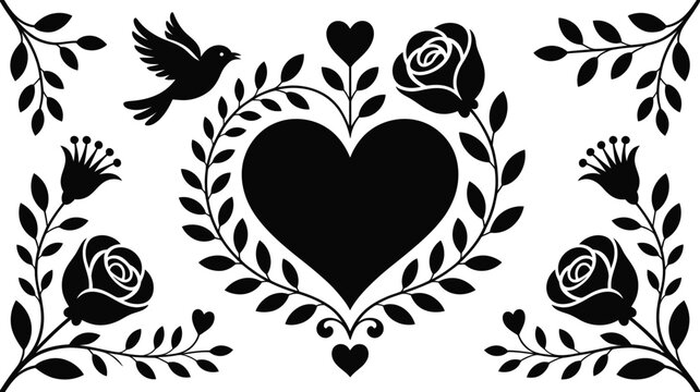 Romantic heart floral ornament with roses leaves bird love symbol decorative vector illustration for wedding celebration design