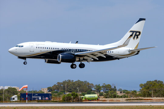 Luqa, Malta - June 4, 2026: Boeing 737-7CG BBJ (REG: N950TR) on finals runway 31.