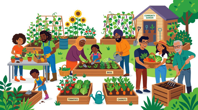 Community garden members engage in collaborative planting and maintenance of vegetable patches to promote local food security and social bonding.