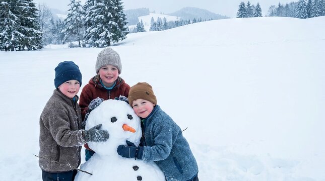 Three happy boys hugging a snowman in a snowy winter field.