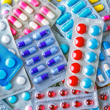 Drug prescription for treatment medication. Pharmaceutical medicament, cure in container for health. Pharmacy theme, capsule pills with medicine antibiotic in packages.