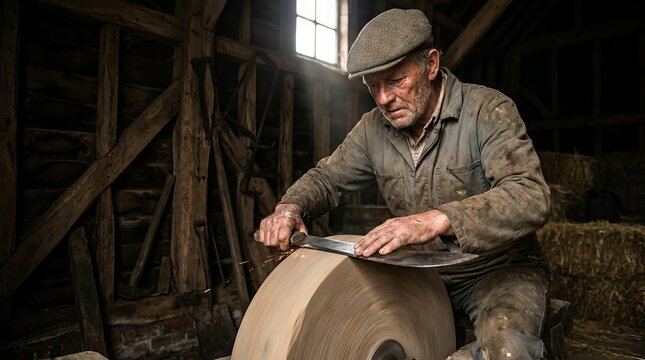 Elderly craftsman sharpening a tool on a traditional stone grinding wheel in a rustic workshop.