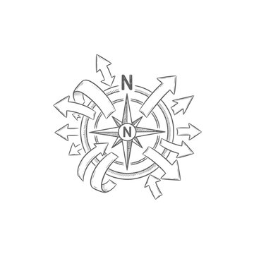 Hand drawn compass with arrows pointing in different directions