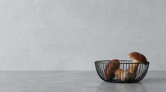 Fresh baked bread in black wire basket on grey background  