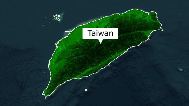 Taiwan map zoom animation with flickering red country highlight and white location pin label on textured background