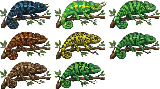 Colorful chameleon collection illustration set featuring diverse reptile species perched on branches with realistic details