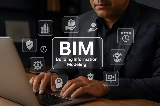 Businessman using a laptop with bim building information modeling digital icons for construction management
