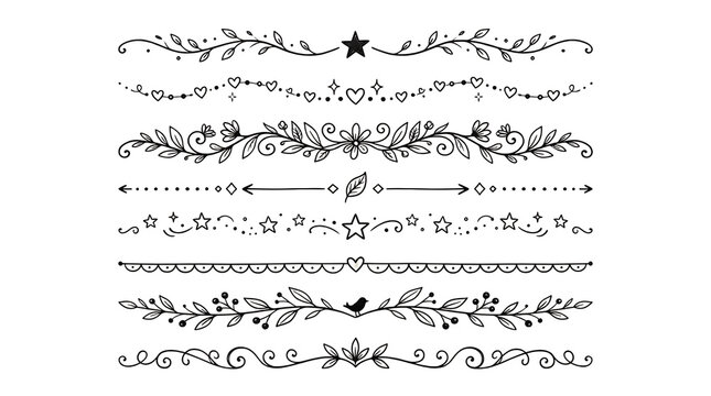 Collection of black line art dividers and decorative borders isolated on transparent background