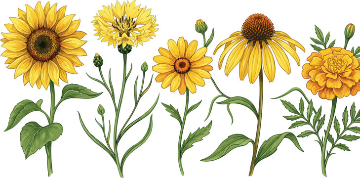 Yellow Wildflower Botanical Vector Set with Sunflower Echinacea Daisy Cornflower and Marigold Elements for Summer Floral Garden Graphic Designs
