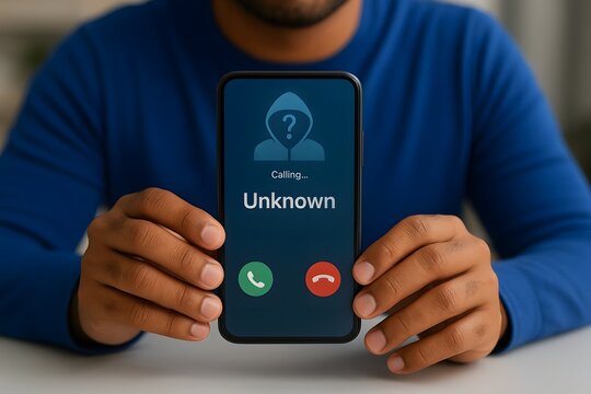 Person holding smartphone displaying unknown caller id with hacker avatar icon representing mobile phone scam