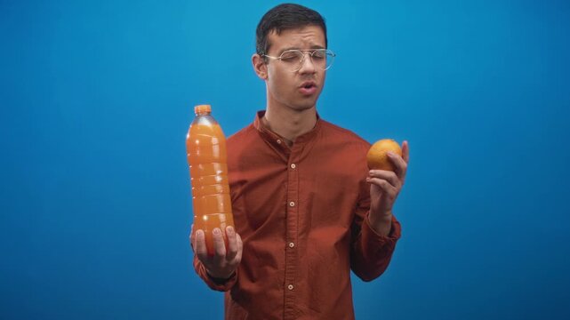 Man holding an orange and a large bottle of orange juice, squinting while comparing the fruit to the bottle in studio; uncertainty.