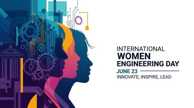 Woman silhouette innovating in tech background for engineering day