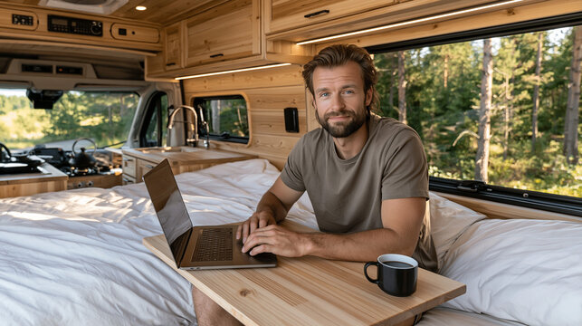 Man works on laptop inside his camper van among trees in the daytime