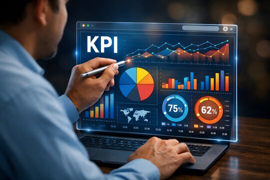 Analyst reviewing key performance indicators (kpi) on a digital dashboard with charts and graphs on a laptop screen.