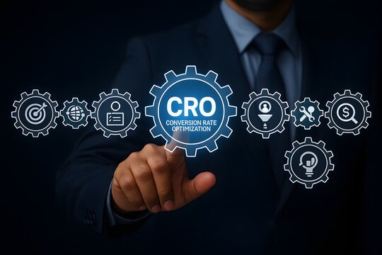Man in a suit pointing to a digital gear icon representing cro and conversion rate optimization with icons.