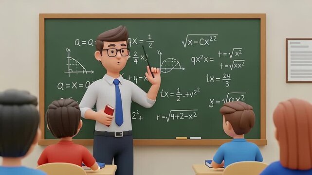 Teacher explaining equations on blackboard animated educational concept