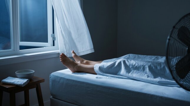 Feet Outside Sheet Near Open Window On Hot Summer Night