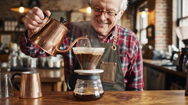 smiling senior caucasian man in apron pouring hot water from copper kettle into pour-over coffee maker. happy elderly barista brewing specialty coffee in cozy cafe. morning routine, menu