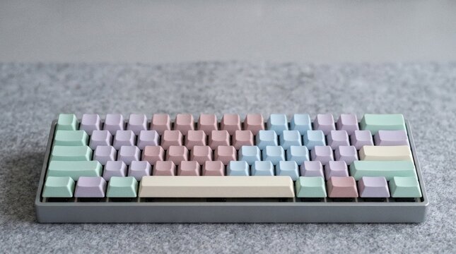 Compact mechanical keyboard with pastel-colored keycaps on gray surface