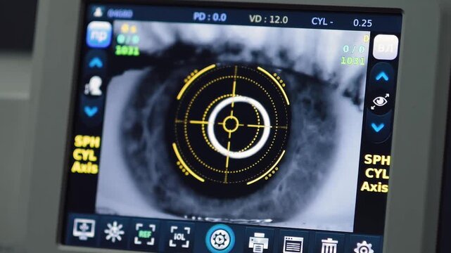 Eye test at an optometry clinic in the city showing a person operating a vision measurement device