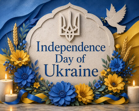 Independence Day of Ukraine Celebration Background with Flowers and Trident