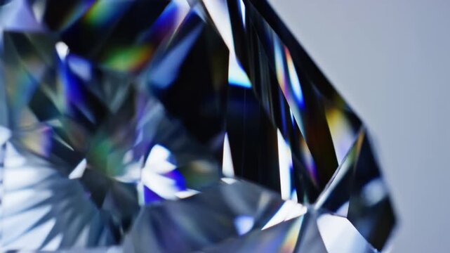 Tracking shot of faceted diamond rotating and reflecting light with prismatic refractions on neutral studio background, macro close up revealing facets and rainbow highlights