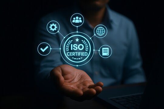 Business professional presenting iso certified hologram with icons of quality, standards, and approval