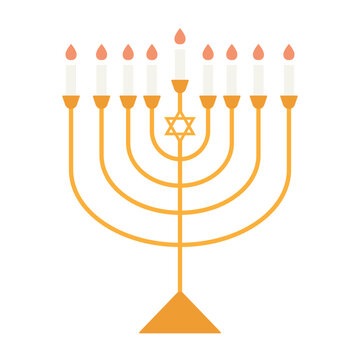 Colored Menorah with Star of David. Vector image of a golden menorah with a star and burning candles. Symbol of Hanukkah