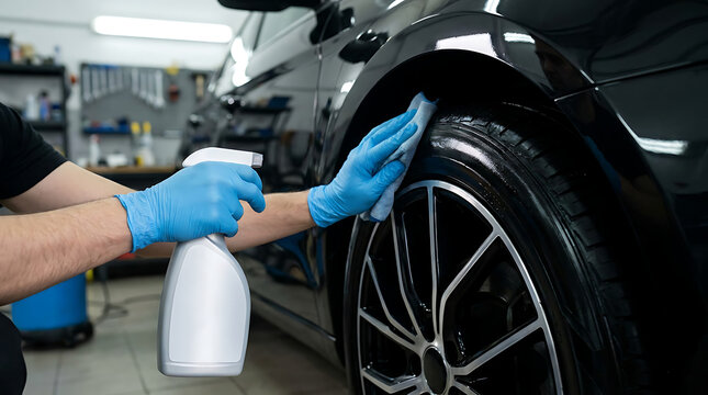 Professional car care worker meticulously cleaning a vehicle's tire and rim with spray and cloth, ensuring pristine shine