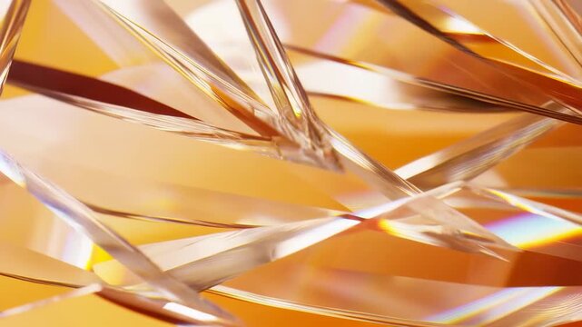 Tracking shot of crystal glass facets shifting and gliding across warm orange studio backdrop close macro view of prism shards and reflective geometry