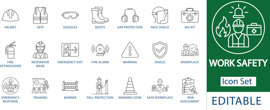 work safety icon set: professional ppe industrial compliance, construction site hazard warning, emergency response and fire protection, and occupational risk assessment line icons