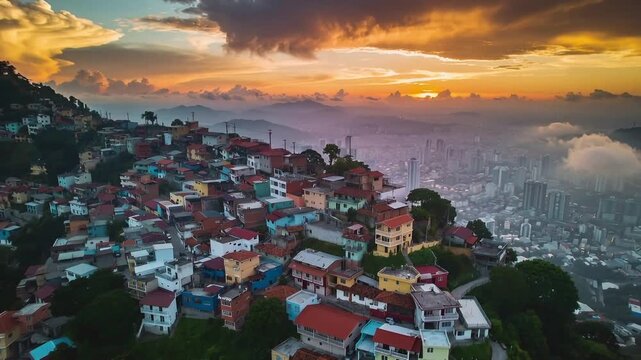 Exploring the aerial views of Brasil's favela landscape during sunset and observing daily life in the vibrant community