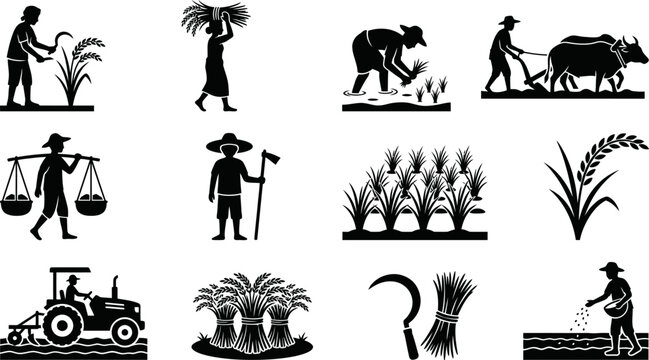Asian rice farming icons collection featuring farmers harvesting with sickles using tractors and water buffalo for traditional agriculture in rural landscape setting.