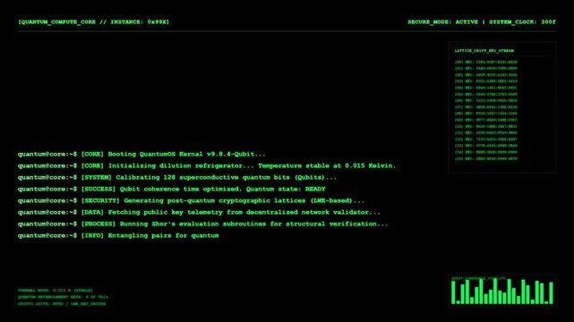 Futuristic quantum computing interface screen with green terminal computer code cryptographic telemetry data and qubit tracking metrics.