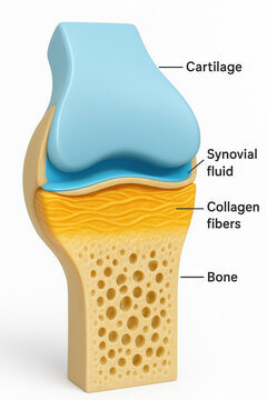 Cross section diagram of healthy joint cartilage layers showing synovial fluid, collagen fiber, and bone tissue with medical annotation on white clinical background