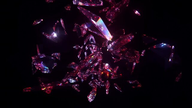 Slow motion tracking shot of glass shards exploding and dispersing across dark studio space with iridescent pink crystalline fragments