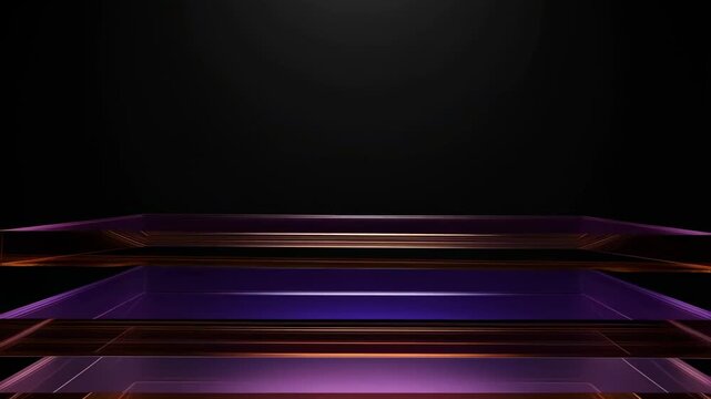 Tracking dolly shot of layered glass panels rising and aligning on dark studio stage with purple and orange backlit reflective plates