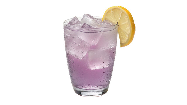 Cold lavender purple gin tonic cocktail glass with lemon slice isolated on transparent background