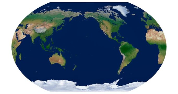 World Map. Kavrayskiy VII projection. High detail animation of physical Earth. Longitude rotation effect.