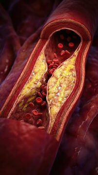 Vascular health consequence: cholesterol level, artery health, lipid profile, plaque buildup, cardiovascular risk, blood flow, disease concept, vessel constriction.